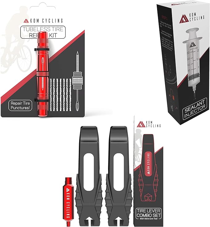 KOM Cycling The Ultimate Tubeless Bundle (Tubeless Sealant Injector, Tubeless Tire Levers, Black Tubeless Repair Tool)