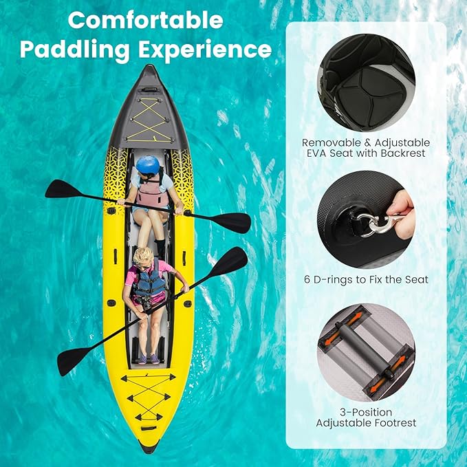 GYMAX Inflatable Kayak, 12.5Ft 507lbs Tandem Kayak with 2 Aluminum Paddles, 2 Padded Seats, Footrests, 2 Fins, Hand Pump, Carry Bag & Repair Kit, 2 Person Fishing Touring Kayak for Adults