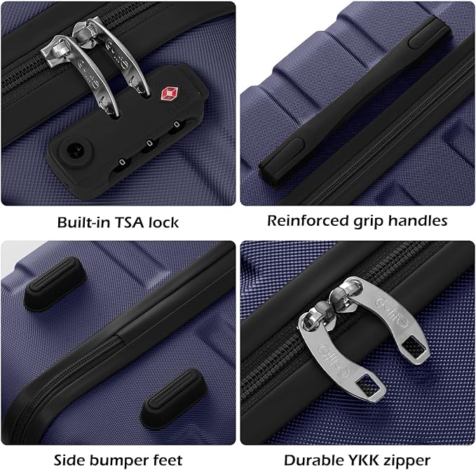 Coolife Luggage 3 Piece Set Suitcase Spinner Hardshell Lightweight TSA Lock (navy, 20/24/28)