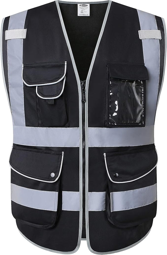 JKSafety 9 Multi-Functional Pockets Zipper Front Safety Vest With Reflective Strips Meet ANSI/ISEA Standards (150-Black, Large)
