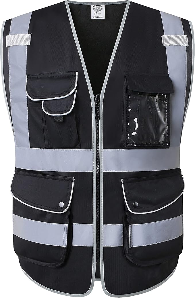 JKSafety 9 Pockets High Visibility Zipper Front Black Safety Vest With Reflective Strips,Meets ANSI/ISEA Standard (5X-Large, 150-Black)