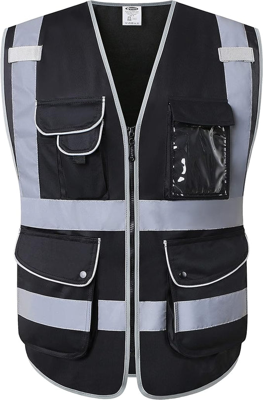 JKSafety 9 Pockets High Visibility Zipper Front Safety Vest With Reflective Strips,Meets ANSI/ISEA Standard (4X-Large, 150-Black)