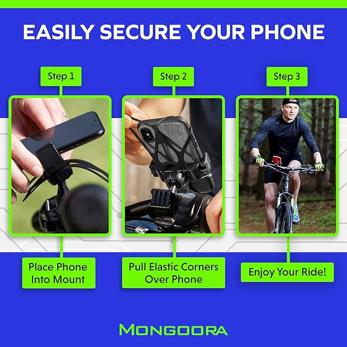 Bike & Motorcycle Phone Mount - GPS Cell Phone Holder for Bicycle Handlebar - Easy to Install Bike Accessories Fits iPhone, Galaxy, Android - Stocking Stuffers - 3 Bands (Black, Red, Green)