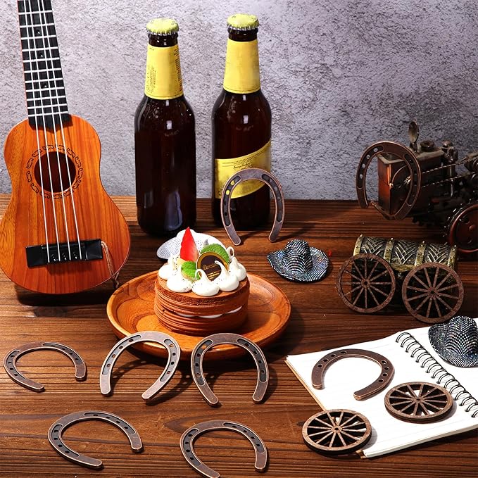 Junkin 48 Pcs Western Theme Party Decorations Mini Horseshoes Wagon Wheel Crafts Western Table Centerpieces Lucky Horseshoe for Wedding Party Favors Supplies Cowboy Cowgirl Birthday Decoration