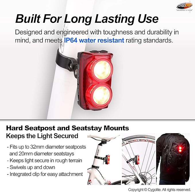 Cygolite Hypershot 350 Lumen Bike Tail Light– 7 Night & Daytime Modes–User Adjustable Flash Speeds- Compact & Durable–IP64 Water Resistant–Saddle Rail Mount Version–USB Rechargeable