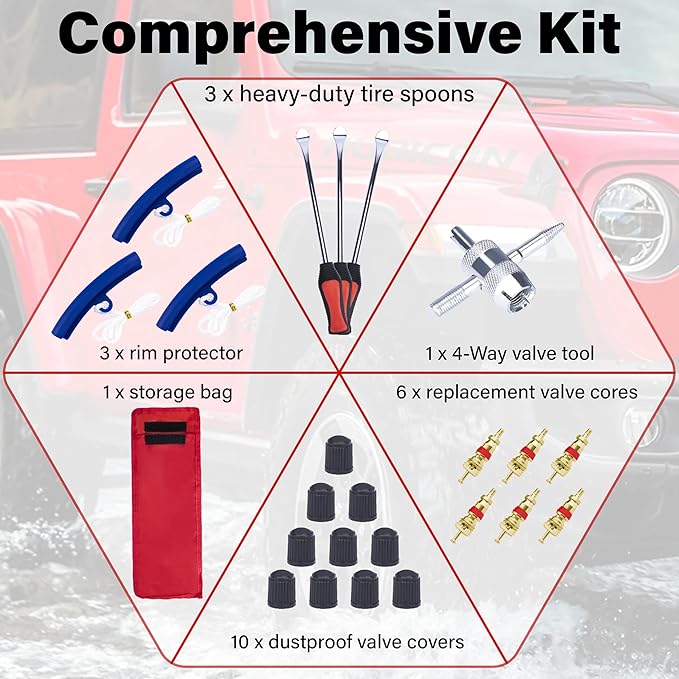 ecocstm 12.2 Inch Tire Spoons, Dirt Bike Tire Changing Tools, Tire Changing Kit, Tire Removal Tool, with Rim Protector, Valve Tool, Valve Cores and Caps, for Motorcycle/Lawn Mower/Tractor/Bicycle