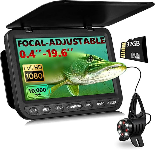 [FishPRO® 2026年新作] [焦点調節可能] NO.1 HD 1080P 水中釣りカメラ 7インチIPS、DVR-32GB -10,000mAh、氷釣り用水中カメラ、ボート・氷上・湖釣り用魚群探知機、USB-C/LED+IR/82フィート