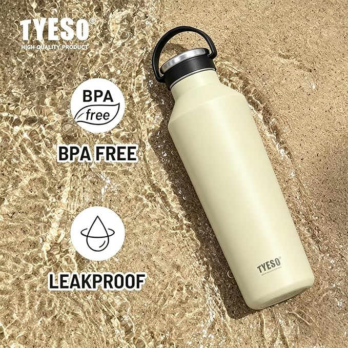 TYESO Stainless Steel Vacuum Insulated Water Bottle, Insulated Water Bottle with Soft Silicone Carry Handle (KHAKI, 25 OZ)