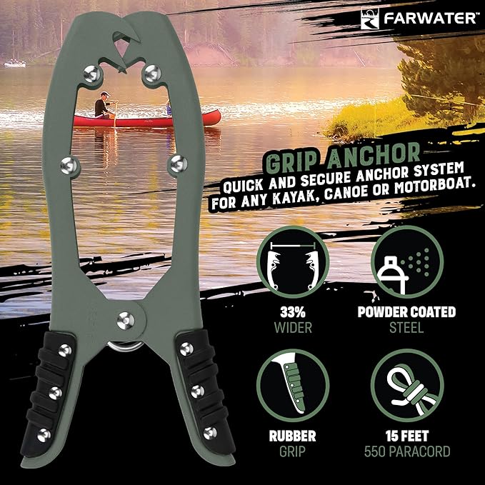 Canoe Anchor Grip - Boat, Float Tube & Kayak Fishing Accessories, Kayaking Equipment - Brush Clamp Anchor with Teeth - Gripper with 15ft Paracord - Rubber Grips - Coated Steel -