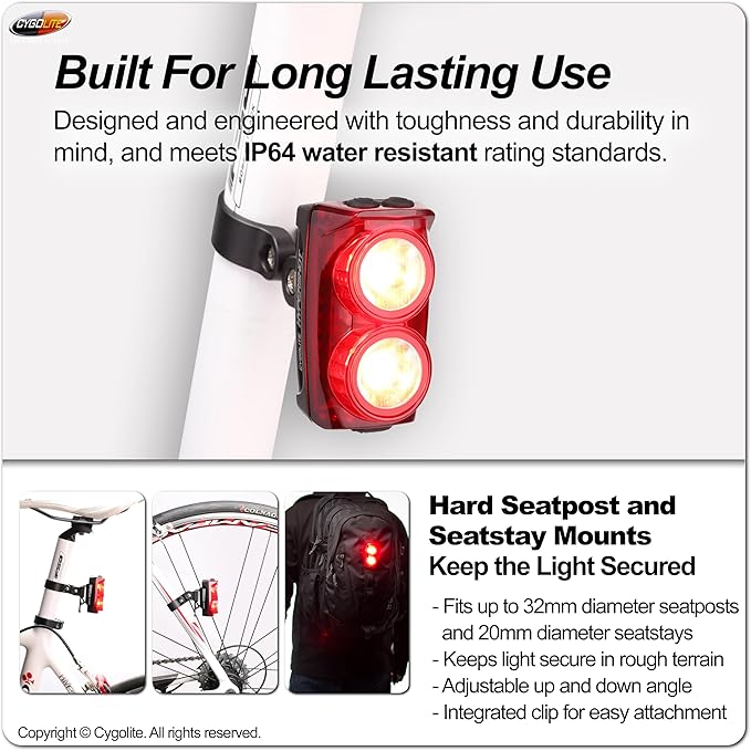 Cygolite Hypershot 350 Lumen Bike Tail Light– 7 Night & Daytime Modes–User Adjustable Flash Speeds- Compact & Durable–IP64 Water Resistant–Saddle Rail Mount Version–USB Rechargeable