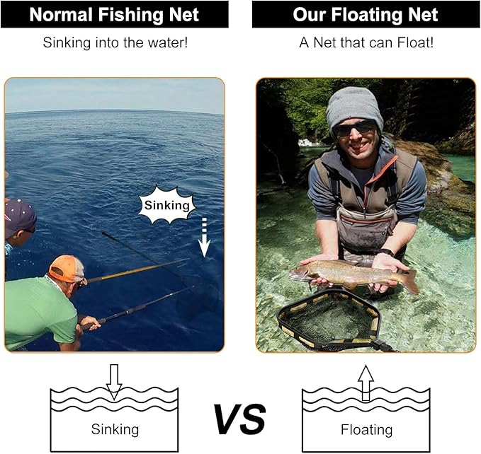 PLUSINNO Floating Fishing Net for Steelhead, Salmon, Fly, Kayak, Catfish, Bass, Trout Fishing, Rubber Coated Foldable Landing Net with Fixed or Telescoping Pole Handle, Fishing Gear and Gifts for Men