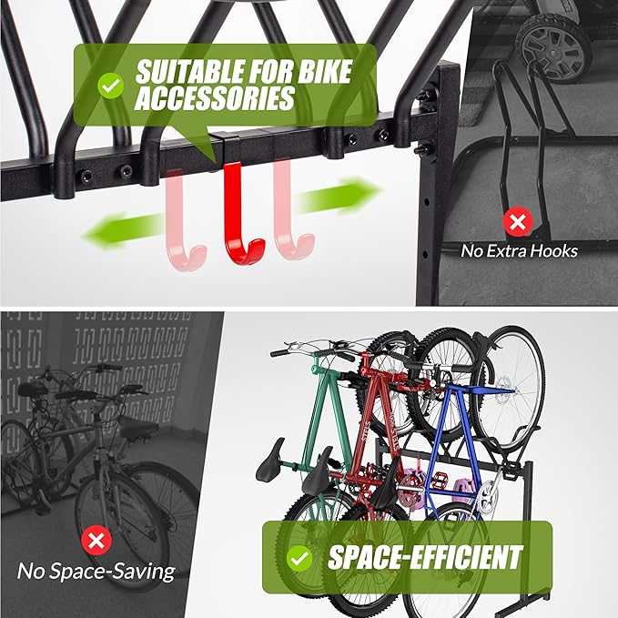Sttoraboks 3 Bikes Floor Stand, Adjustable Bicycle Parking Rack with Hook for Garage, Indoor, Outdoor, Metal Cycle Storage Organizer Rack for Mountain, Road and Kids Bikes, Max Tire Width 2.5”, Black