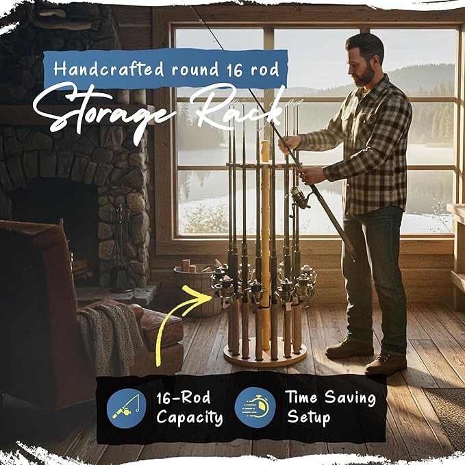 Rush Creek Creations | Rod Holder for 16 Fishing Poles, Garage Organization and Storage, for Reels, Gear, Accessories, Tackle Box