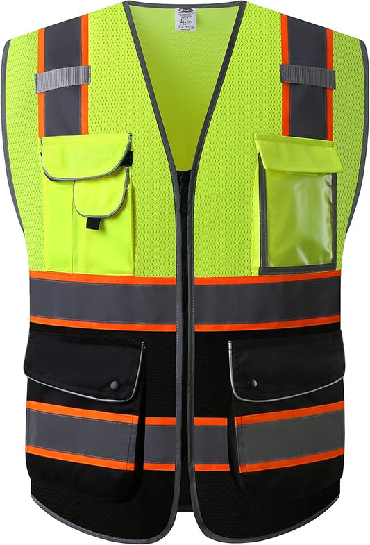 JKSafety 9 Pockets High Visibility Dual Color Zipper Front MESH Lite Safety Vest | Orange Color Triming Reflective Strip | ANSI/ISEA Standards (100-Yellow-Black, XXL)