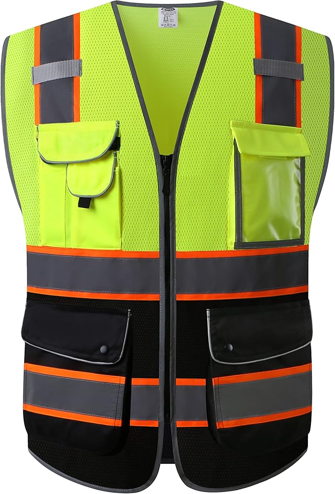 JKSafety 9 Pockets High Visibility Dual Color Zipper Front MESH Lite Safety Vest | Orange Color Triming Reflective Strip | ANSI/ISEA Standards (100-Yellow-Black, 3XL)