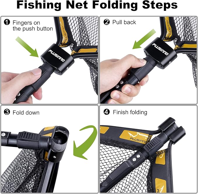 PLUSINNO Floating Fishing Net for Steelhead, Salmon, Fly, Kayak, Catfish, Bass, Trout Fishing, Rubber Coated Foldable Landing Net with Fixed or Telescoping Pole Handle, Fishing Gear and Gifts for Men
