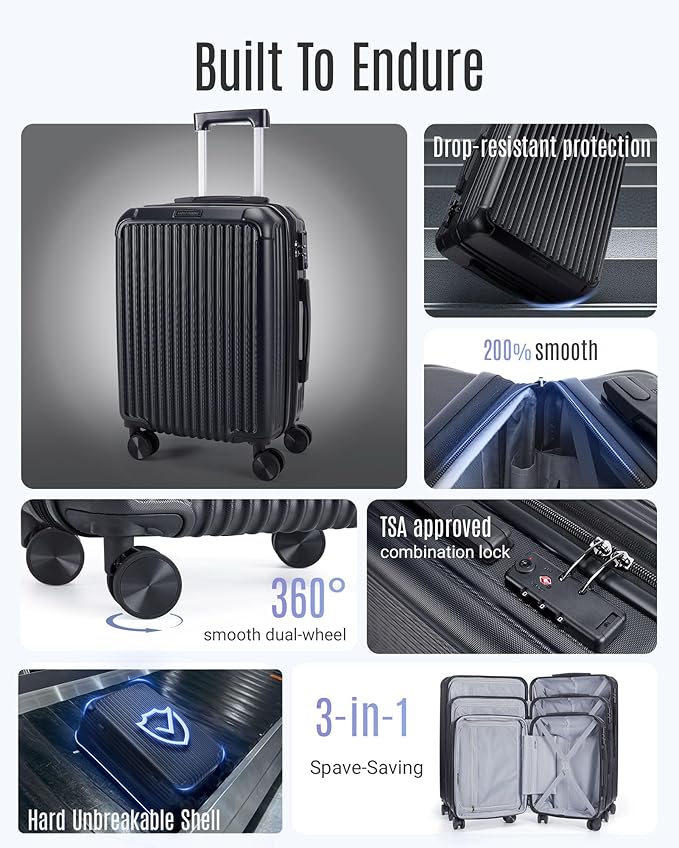 LIGHT FLIGHT スーツケース 3点セット スピナーホイール付き 耐久性ハードシェル TSAロック付き軽量 大容量 (20インチ 24インチ 28インチ) ブラック