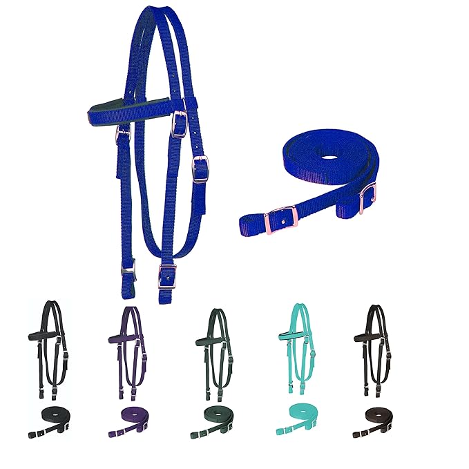 Majestic Ally Horse Headstall with Reins, Nylon Padded Browband, Multiple Colors (Royal Blue, Draft)