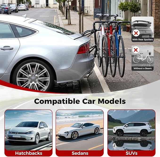 Goplus 3-Bike Trunk Mount Bike Rack, Foldable Carbon Steel Bicycle Carrier for Hatchback, Sedan & SUV, Fixed Straps with Anti-Sway, Soft Padding, Easy to Install & Compact Storage, Black
