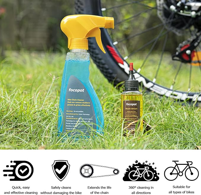 focopot Bike Chain Cleaner Kit Including Chain Oil Lubricant,Bike Chain Degreaser,Chain Scrubber and Bicycle Cleaning Brush Tools for Mountain/MT/Road/BMX Bike