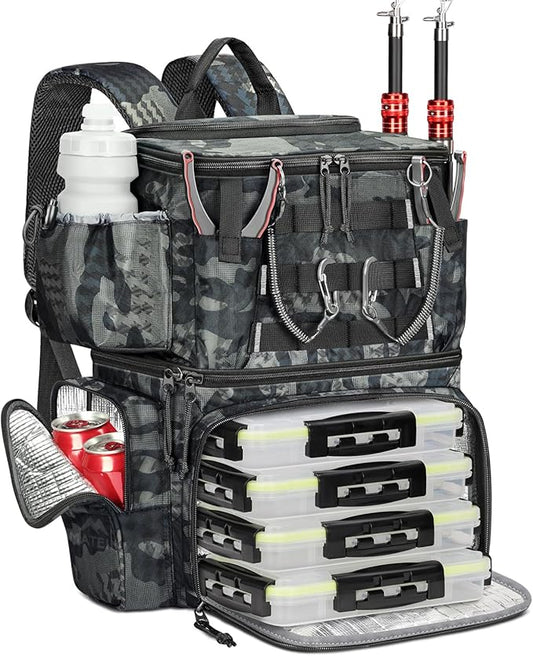 MATEIN 釣り用バックパック タックルボックス4個付き、ロッドホルダー、安全コンパス、クーラー付きフィッシングバッグ、釣り人へのギフト