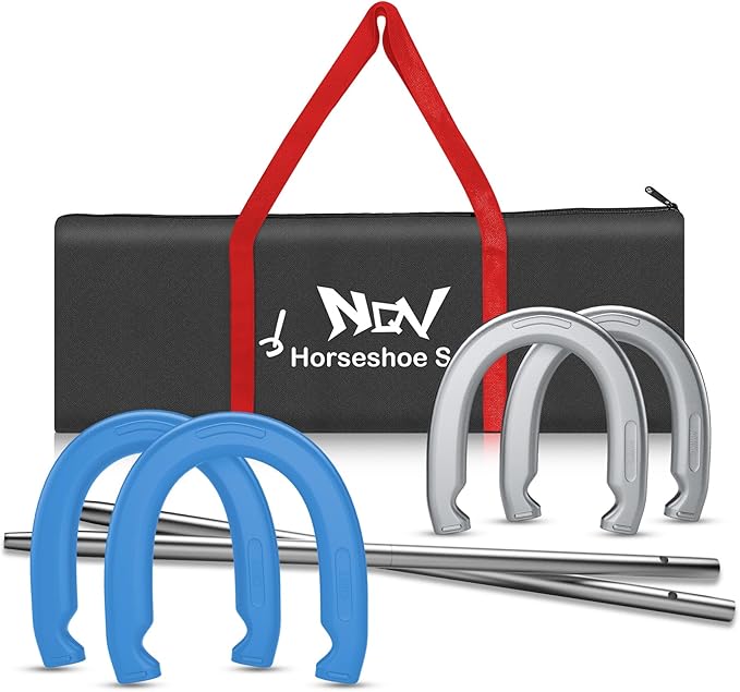 NQV Horseshoe Outdoor Game Set –Horse Shoe Game Kit,Sports Horseshoes Sets, Includes 4 Steel Horseshoes, 2 Metal Stakes & Carry Bag – Perfect for Lawn, Backyard, or Tailgating