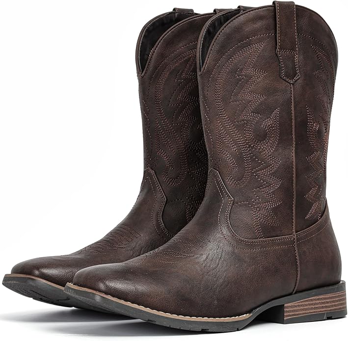 IUV Cowboy Boots For Men with Wide Square Toe Western Retro Boot Durable Classic Fashionable Embroidered Pull On Slip Resistant Boots