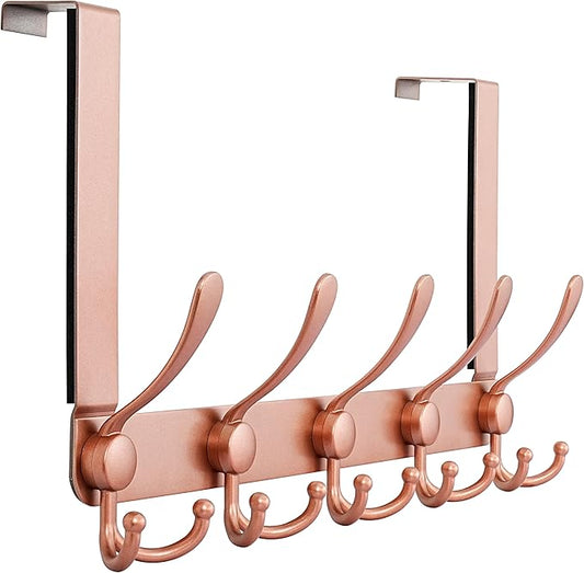 Dseap Over The Door Hook Hanger - Fits 1 3/8" to 1 3/4" Standard Doors | 5 Tri Hooks Heavy Duty Towel/Coat Rack | Door Organizer for Clothes, Jackets, Hats, Towels, Rose Gold
