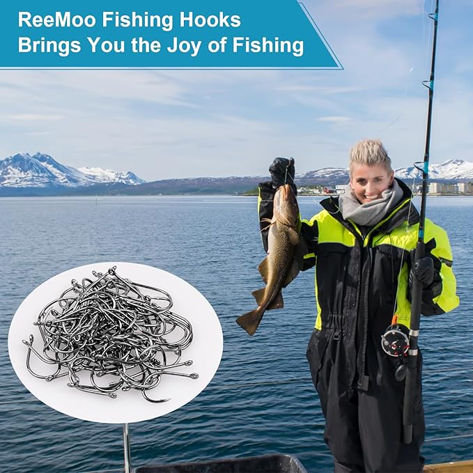 ReeMooプレミアム釣り針 500個/100個、10サイズ/4サイズ、炭素鋼製釣り針 ポータブルプラスチックボックス付き、淡水/海水用 強力で鋭いかえし付き釣り針