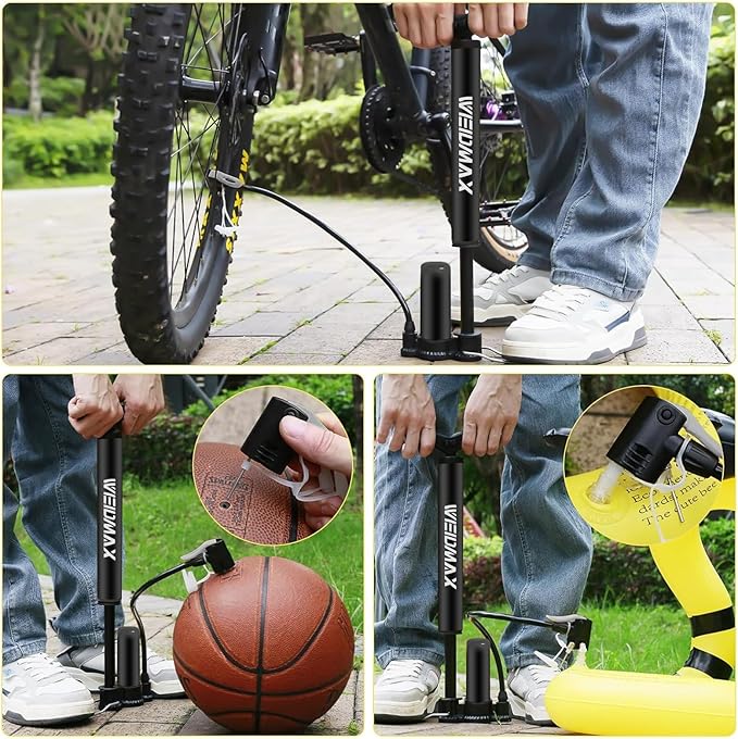 Bike Pump Portable, Bike Tire Inflator, Bicycle Hand Air Pump with Presta and Schrader, Ball Pump Inflator Bicycle Floor Pump Suitable for Baby Stroller Tires, Balls, Road and Mountain Bikes