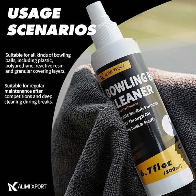 Bowling Ball Cleaner Spray with Microfiber Towel - Removes Oil, Dust & Scuffs, Gentle Formula for All Ball Types, Portable 6.7 fl oz Bottle
