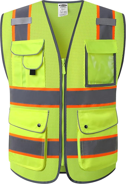 JKSafety 9 Pockets Hi-Vis Neon Yellow Zipper Front MESH Safety Vest with Fluorescent Orange Extend Edge outlining the Reflective Tapes Meet ANSI/ISEA Class 2 Standard (100-Yellow, XXL)