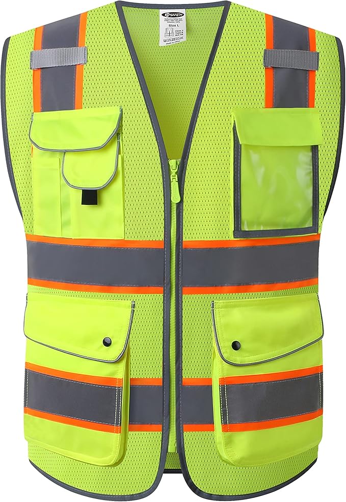 JKSafety 9 Pockets Hi-Vis Neon Yellow Zipper Front MESH Safety Vest with Fluorescent Orange Extend Edge outlining the Reflective Tapes Meet ANSI/ISEA Class 2 Standard (100 Yellow, 3XL)
