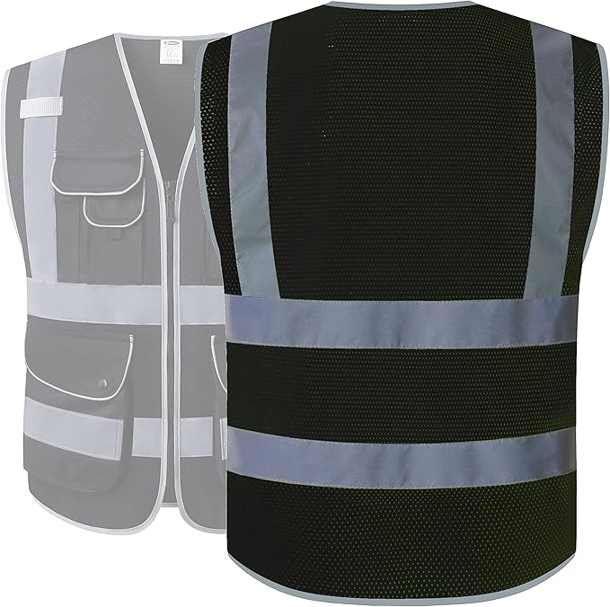 JKSafety 9 Pockets High Visibility Safety Vest for Men and Women, Hi-Vis Reflective Black Safety Vests with Zipper Front, Meet ANSI/ISEA Standards(159-Black L)