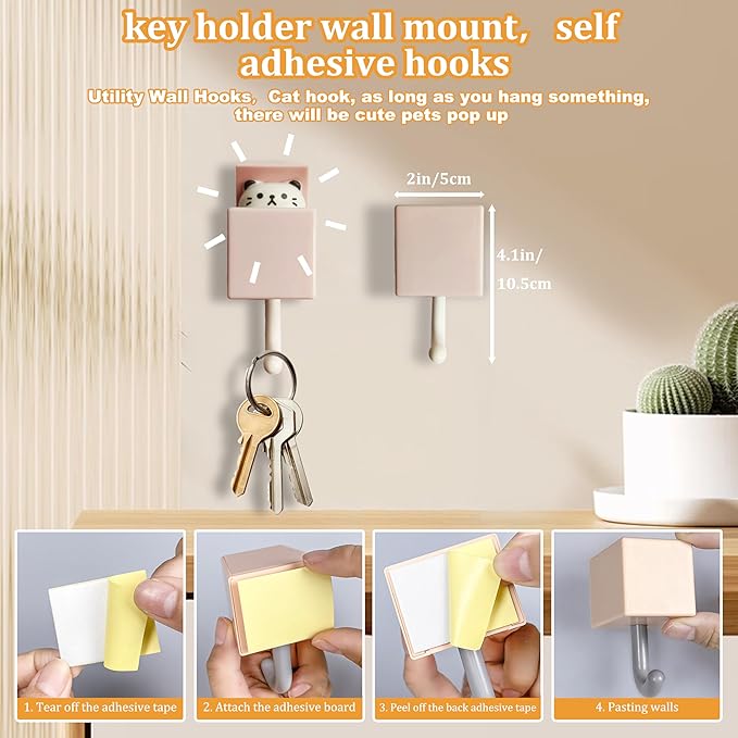 4Pcs Cute Self Adhesive Towel Hooks -Max Load 10LB,Heavy Duty Utility Wall Hooks for Hanging for Coat, Towel,Scarf, Hat, Robes,Key and Other Items,Creative Kawaii Room Decorative Cat Hook
