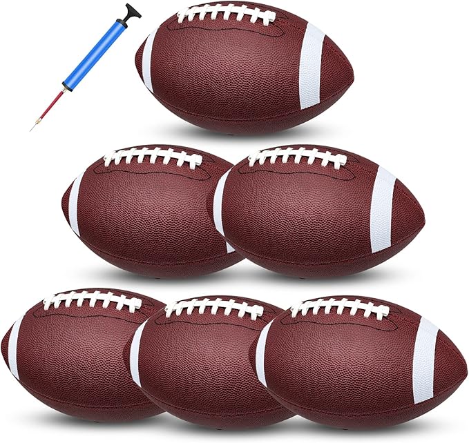 jiaonun 6 Pack Youth Size 6/Official Size 9 Footballs Inflatable with Pump for Youth, Junior, Adult, College, High School, Regulation Size Football, American Football, Composite Leather Foot Ball