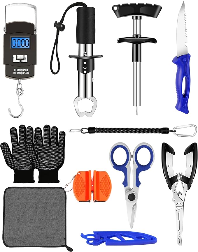 Fishing Tool Kit - Fishing Pliers, Hook Remover, Fish Gripper，Fish Scale, Fish Knife, Saltwater Fishing Gear with Sharpeners, Best Gifts for Men