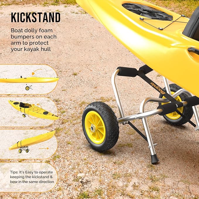 Bonnlo Boat Kayak Canoe Cart Carrier Dolly Trailer Tote Trolley Transport Kayak Accessories Large with 20x2mm Aluminum Pipe Double Kickstands, Inflation Free Solid Tire Wheels, 2 Ratchet Straps