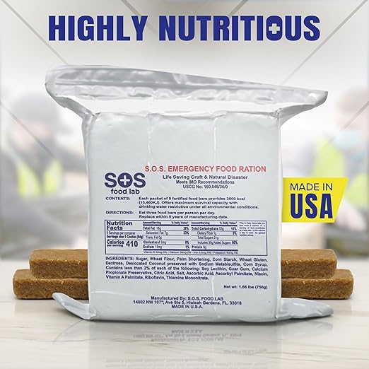 SOSフーズラボ社 185000825 S.O.S.レーション 緊急用3600カロリー食糧バー - 3日/72時間パッケージ、賞味期限5年、高さ5インチ、幅2インチ、長さ4.5インチ、ホワイト