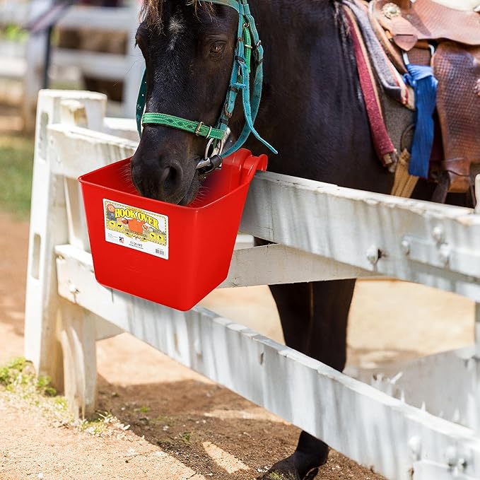 Little Giant® Plastic Hook Over Feeder | Mountable Livestock & Pet Feed Bucket | Horse Feed Bucket | Made in USA | 15 Quarts | Red