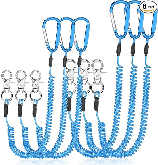 Woanger 6 Pack Fishing Lanyard Steel Wire Coiled Lanyard Tool Lanyards for Hand Tools Kayak Retractable Tool Leash Fishing Rod Safety Lanyards Gear with Alloy Clips for Pliers Boating
