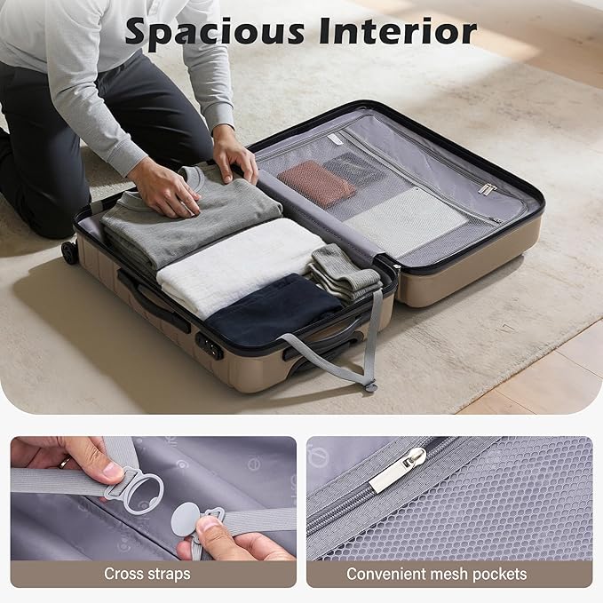 Coolife 中型チェックイン荷物 スピナーホイール付き ハードサイドスーツケース TSAロック 軽量 旅行用荷物 24インチ、ブラウン