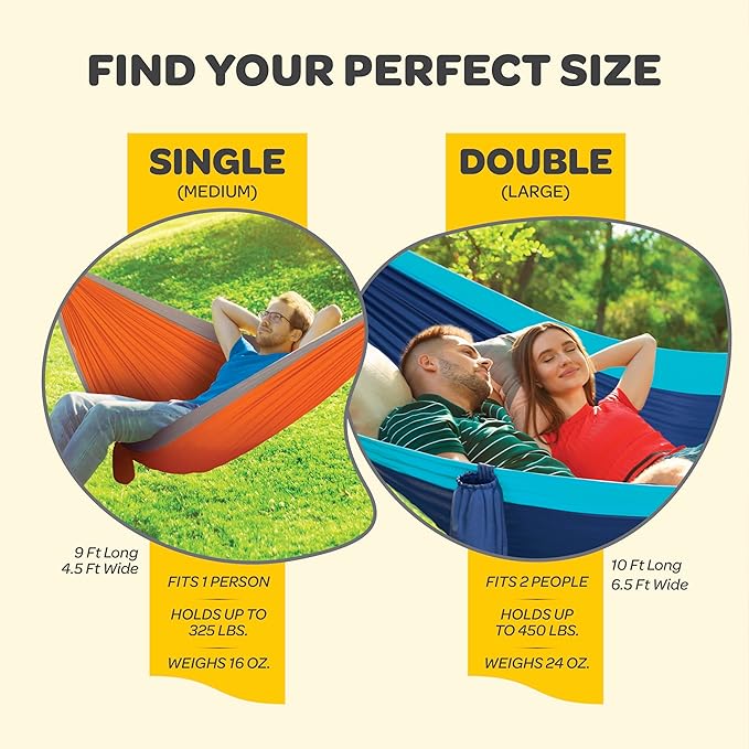 Durable Hammock 500 lb Capacity, Nylon Camping Hammock Chair - Double or Single Sizes w/Tree Straps and Attached Carry Bag - for Travel/Backpacking/Beach/Backyard (Large, Dark Blue & Forest Green)