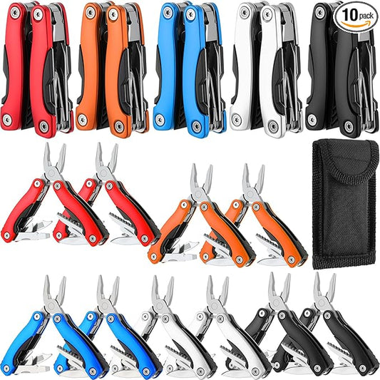 10 Pack Mini Multi Tool Bulk Birthday Gifts for Men Him Dad Boyfriend Stocking Stuffers Small Multitool Fishing Pocket Knife for Men Camping Survival Computer Bike Gadgets, 5 Colors