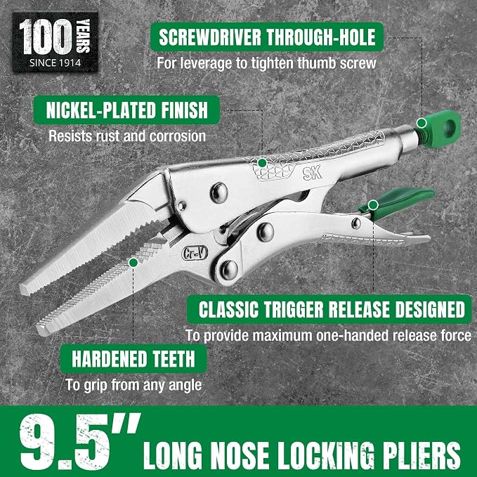 SK 9.5" Long Nose Locking Pliers, Vice Grips, Premium CR-V Steel