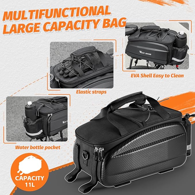 West Biking Waterproof Hard Shell Bike Rear Rack Bag 11L Capacity 600D Oxford Fabric & EVA Bicycle Trunk Pannier Bag for Commuting Touring Mountain Road E-Bike with Rain Cover (Black-2: 11Lcapacity)