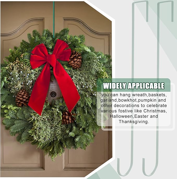 Hotop 15 Inch Wreath Hangers for Front Door Wreath Doors Hangers Steel Material Clothes Towel Hooks Holder Over The Door Hanger Hooks 2 Pcs for Christmas Halloween Front Decorations(Green)