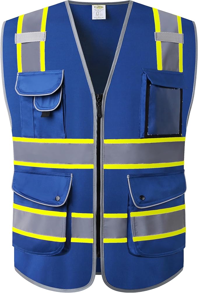 JKSafety 9 Pockets Hi-Vis Safety Vest High Visibility Reflecitive Safety Vests for Men and Women Work Utility PPE Work Gear ANSI/ISEA compliant (902-Blue 3XL)
