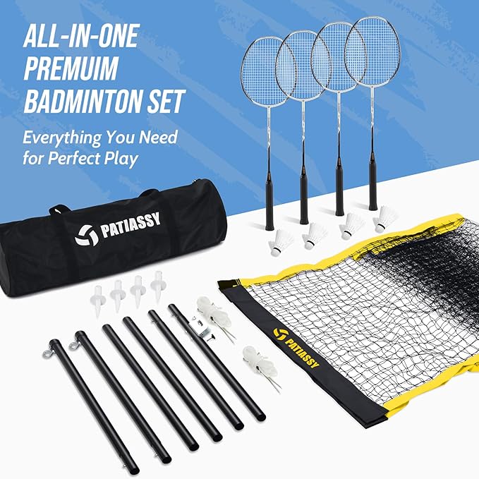 Badminton Set for Backyard, Outdoor Badminton Net with Anti-Sag Design, 4 Professional Badminton Rackets, 4 Shuttlecocks and Carry Bag for Lawn or Beach
