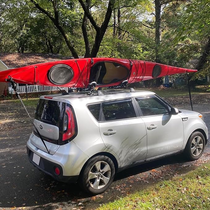 Leader Accessories Stainless Steel Folding Kayak Rack 4 PCS/Set J Bar Car Roof Rack for Canoe Surf Board SUP On Roof Top Mount on SUV, Car and Truck Crossbar with 4 pcs Tie Down Straps